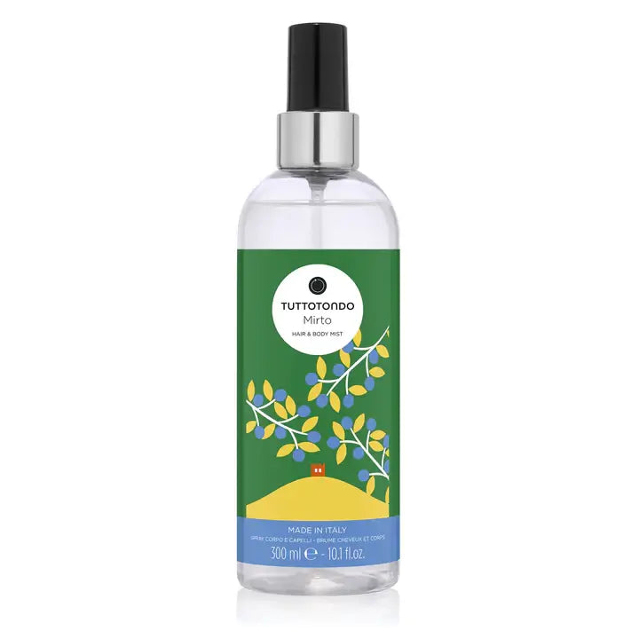 Tuttotondo Mirto Hair & Body Mist, 300ml bottle with fresh herbal design, made in Italy.