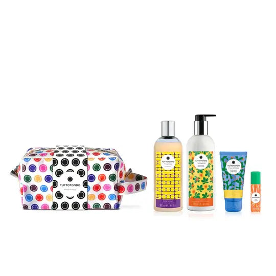 Beauty Mix Warm set featuring shower gel, body lotion, hand cream, and lip balm in colorful packaging.