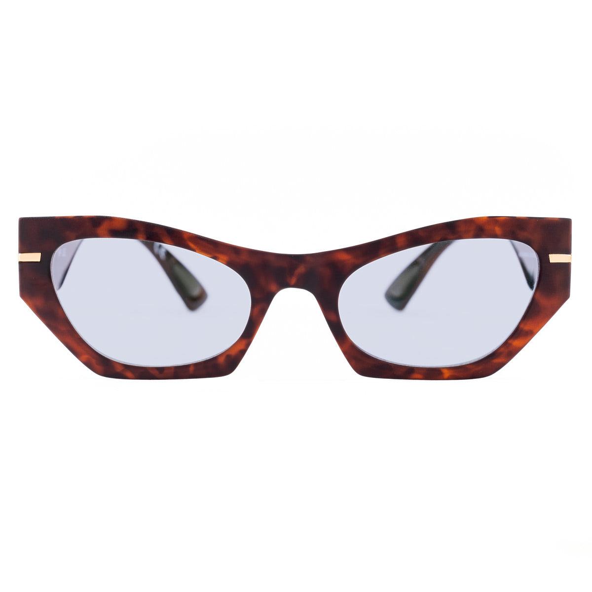 MONICA C72 cat-eye sunglasses with phototropic blue lenses and oval brown tortoiseshell frame.