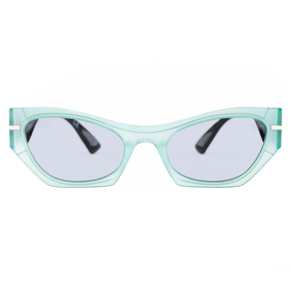 Occhiali fotocromatici da donna MONICA C77, design cat-eye oversize con frontale azzurro e lenti grigie.