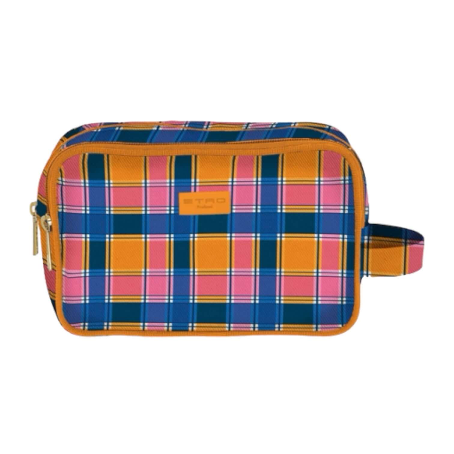 Necessaire con maniglia ETRO, design a quadri colorati, ideale per organizzare accessori da viaggio, misure 26x16x9 cm.