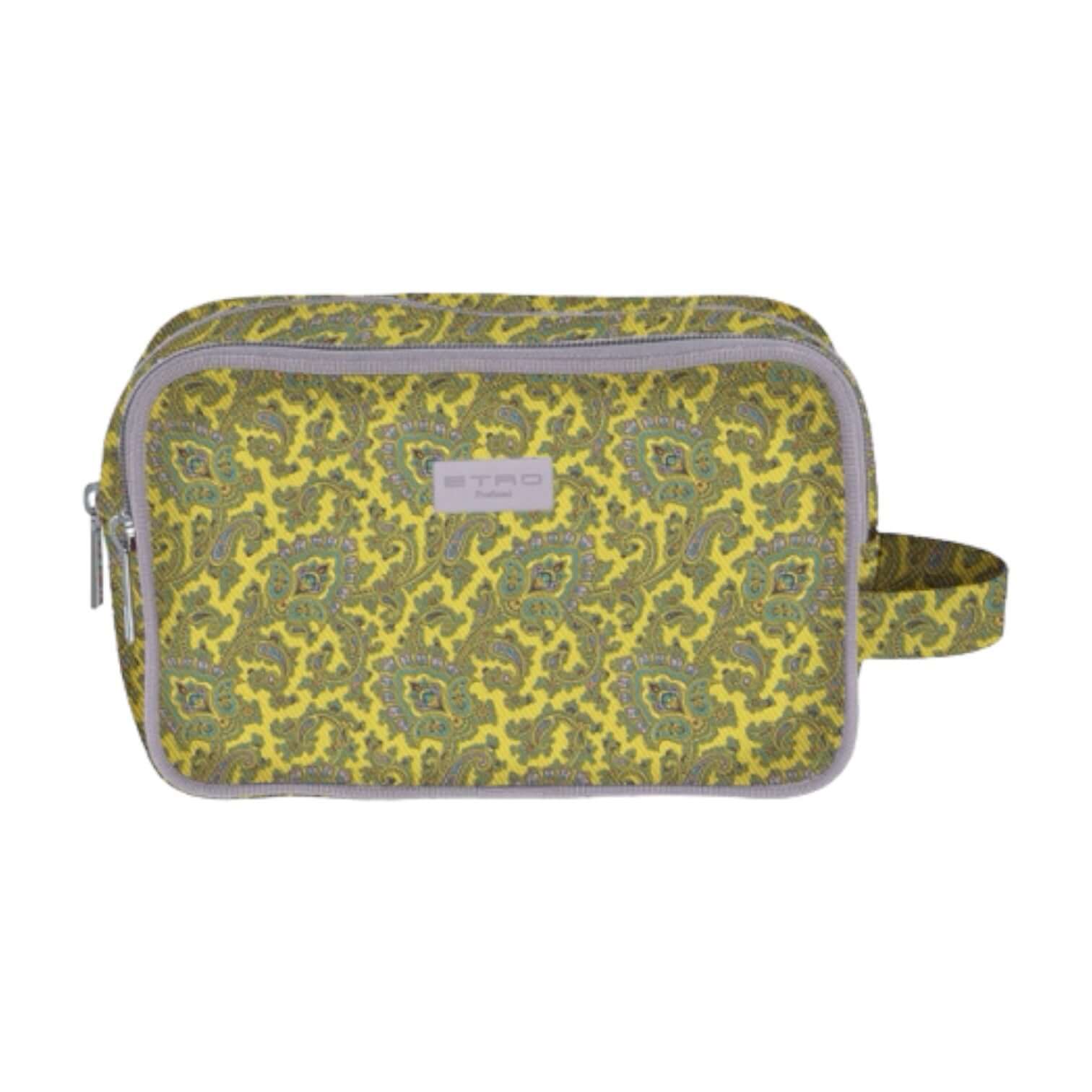 Necessaire con maniglia ETRO, design elegante giallo, organizer da viaggio con chiusura zip e scomparto frontale.