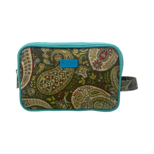 Necessaire con maniglia in nylon lavabile con fantasia paisley, chiusura zip e targhetta ETRO, misure 22x16x8 cm.