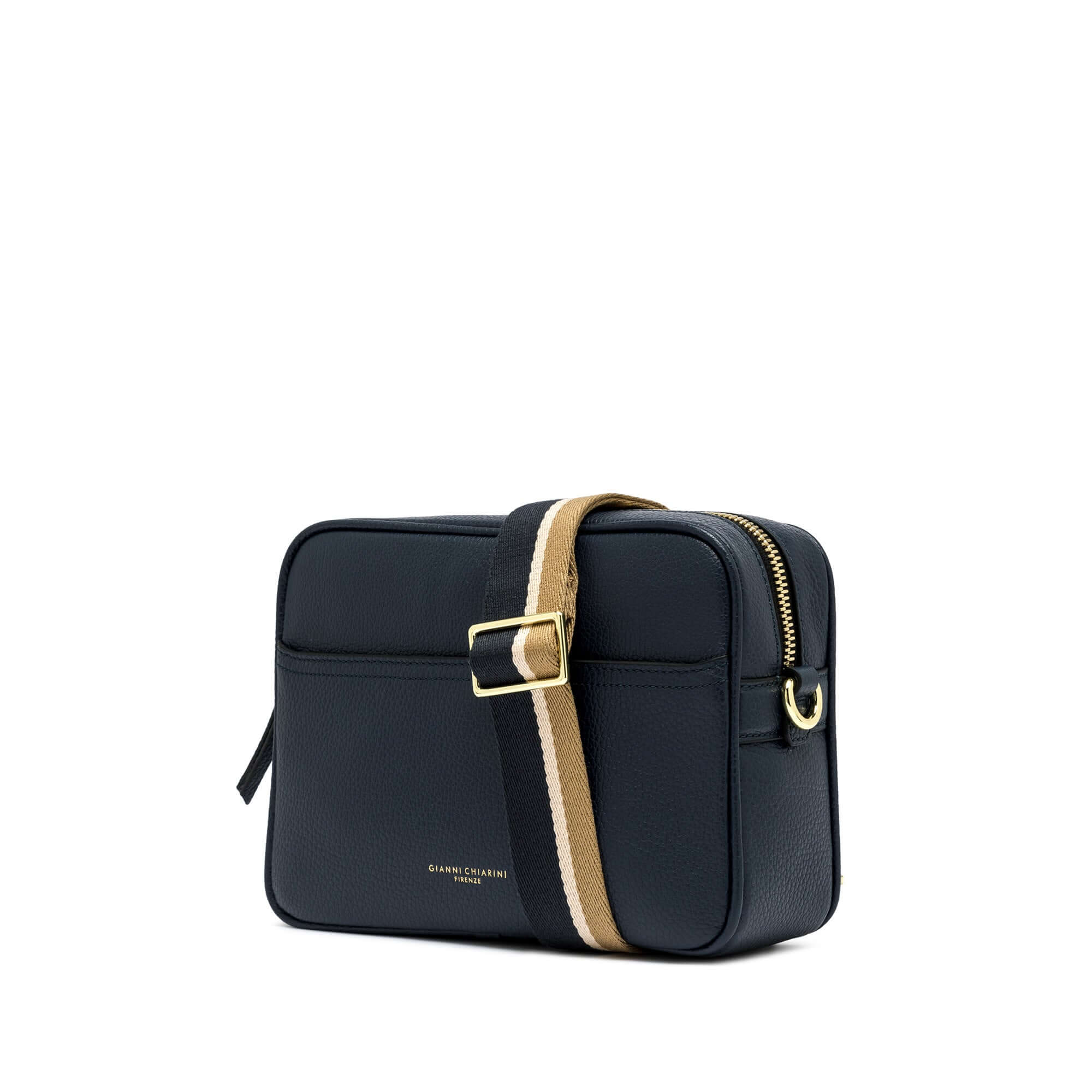 Nina by Gianni Chiarini Firenze, a square leather crossbody bag with zip closure and woven strap.