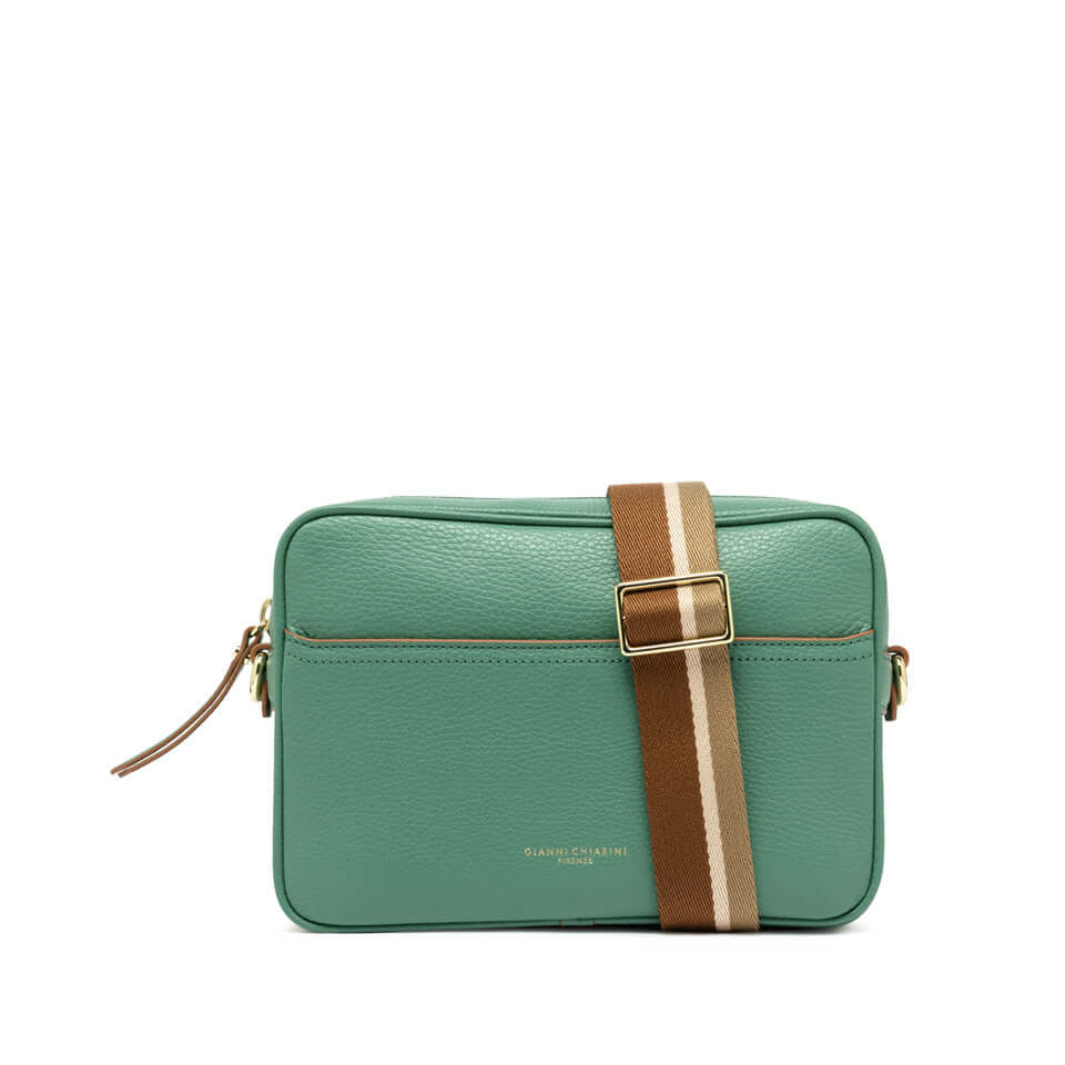 Nina by Gianni Chiarini, green leather crossbody bag with zip closure and woven strap.