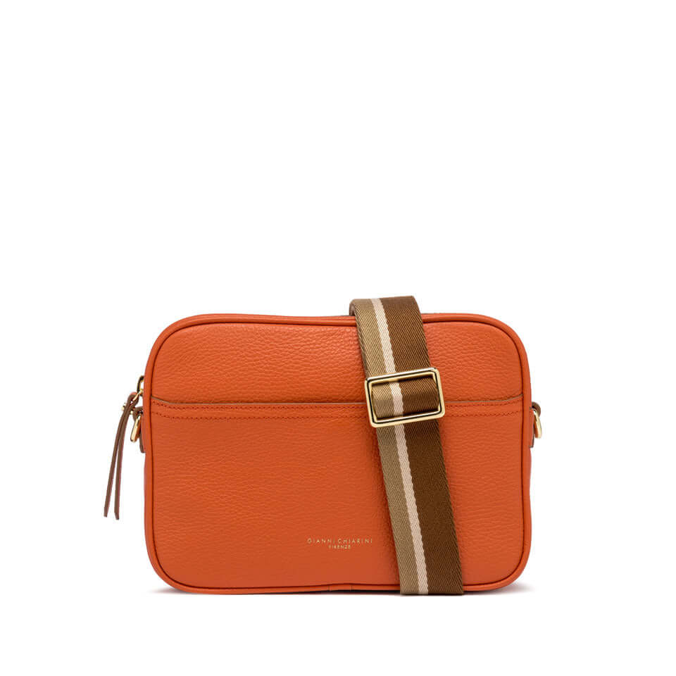 Orange leather crossbody bag with a square shape and a striped woven strap, designed by Gianni Chiarini Firenze.