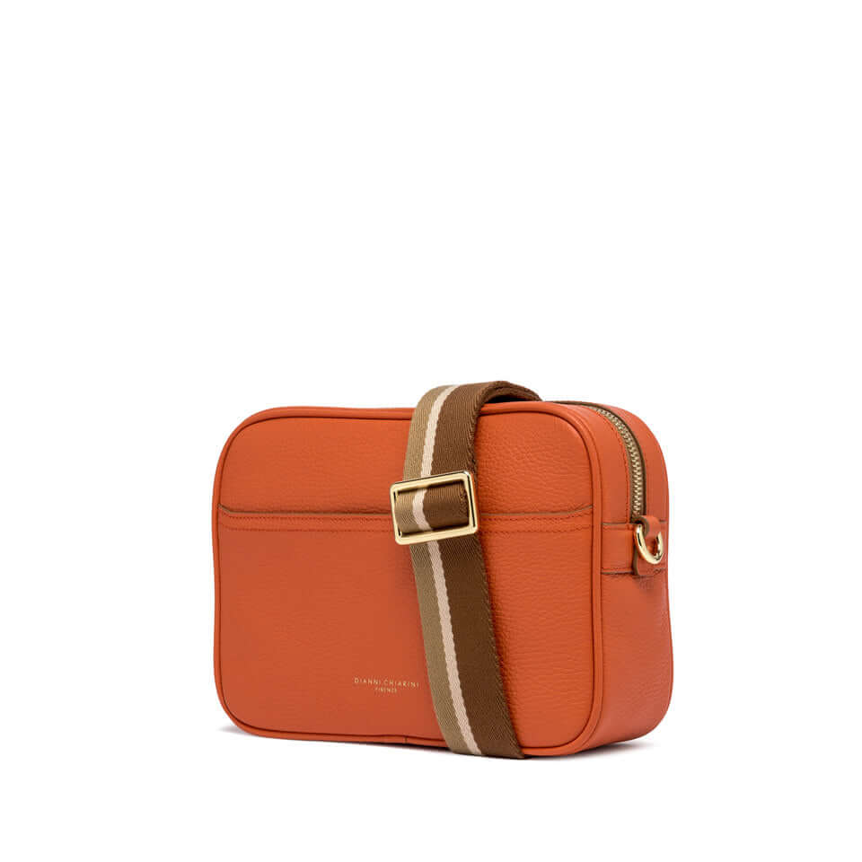 Nina by Gianni Chiarini Firenze, orange crossbody bag with square shape, zip closure, and woven strap.