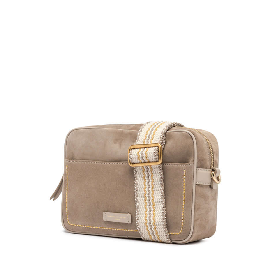 Nina by Gianni Chiarini Firenze, square-shaped beige crossbody bag with patterned strap and zip closure.