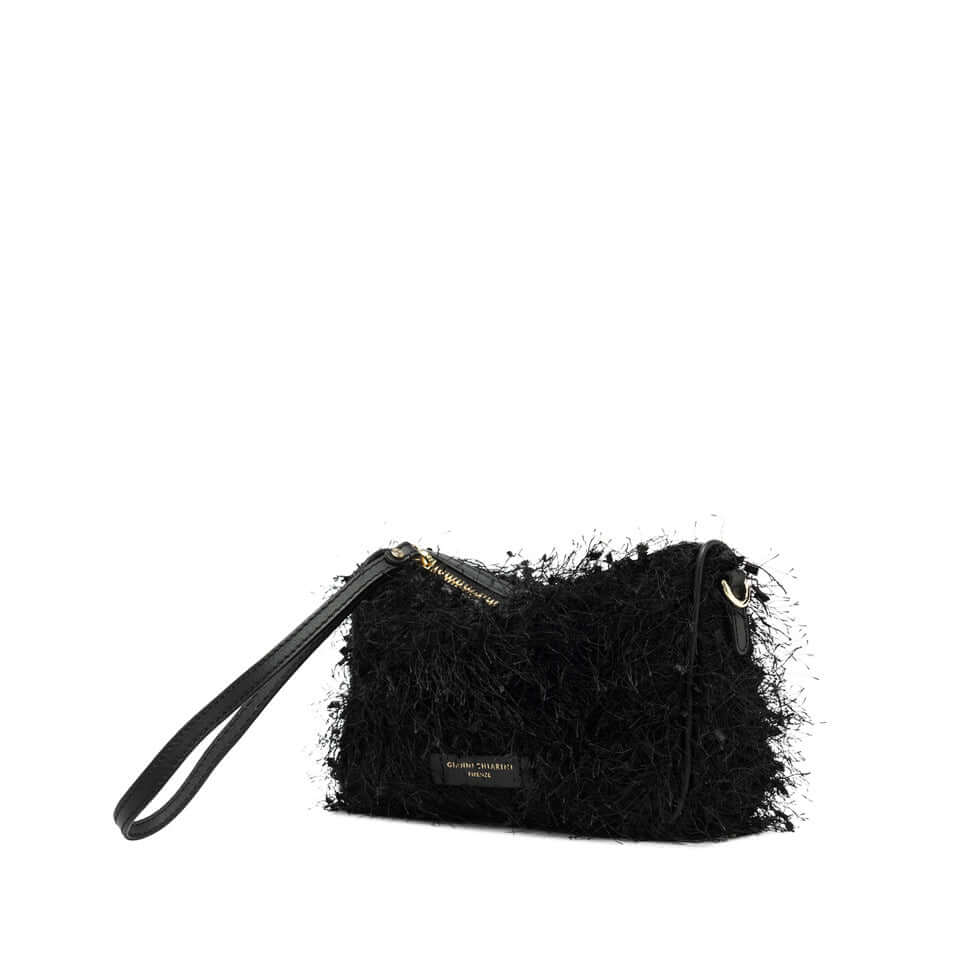 Nora Pouch by Gianni Chiarini in black fringed fabric with leather finishes and removable strap.