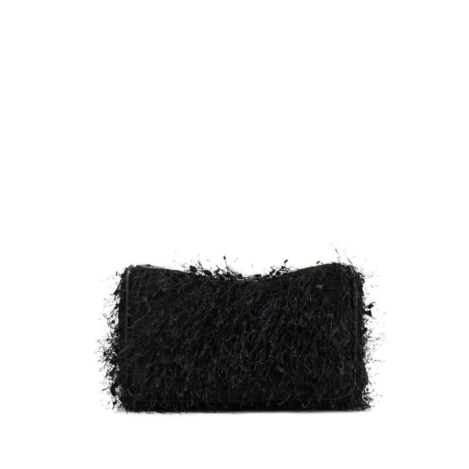 Nora Pouch by Gianni Chiarini, black fringed fabric handbag with leather finishes, detachable strap, zip closure.