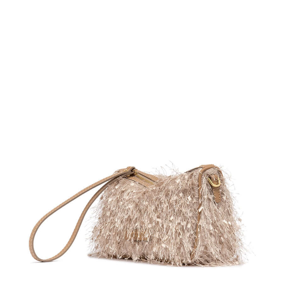 Nora Pouch by Gianni Chiarini Firenze in fringed fabric with micro sequins and leather details.