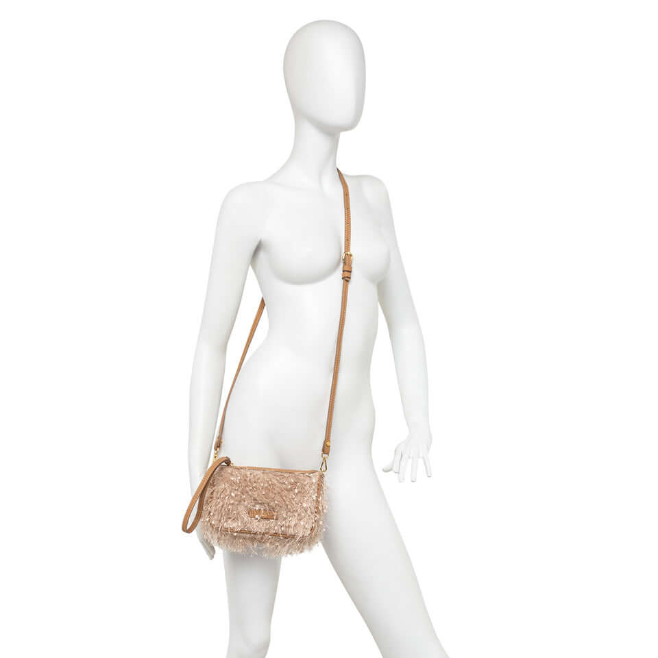 Nora Pouch by Gianni Chiarini Firenze, showcasing textured fabric with micro sequins and leather strap.