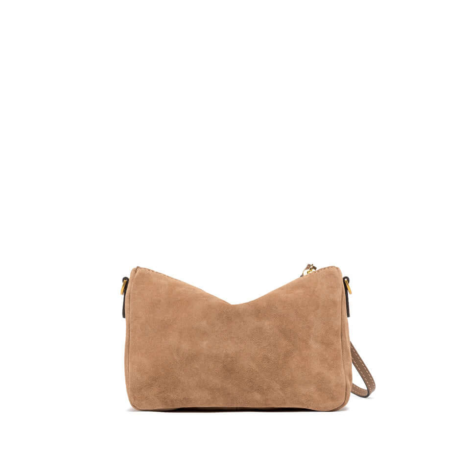 NORA POUCH in soft suede by Gianni Chiarini, featuring removable wrist strap and adjustable shoulder strap.