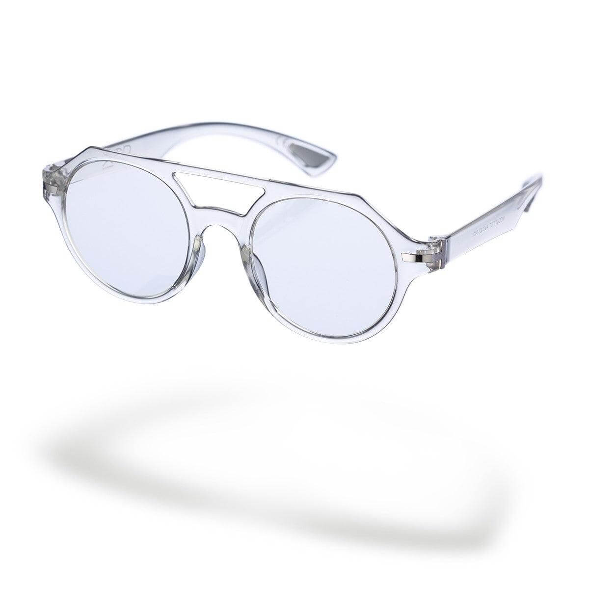 occhiali PIERO C5 con frontale trasparente e aste bianche, stile moderno e funzionale, lenti grigie fotocromatiche.