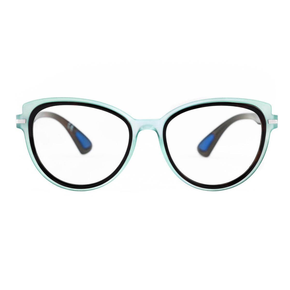 MARA C77 occhiali da sole donna a forma di gatto con frontale azzurro e aste havana, dettagli blu.