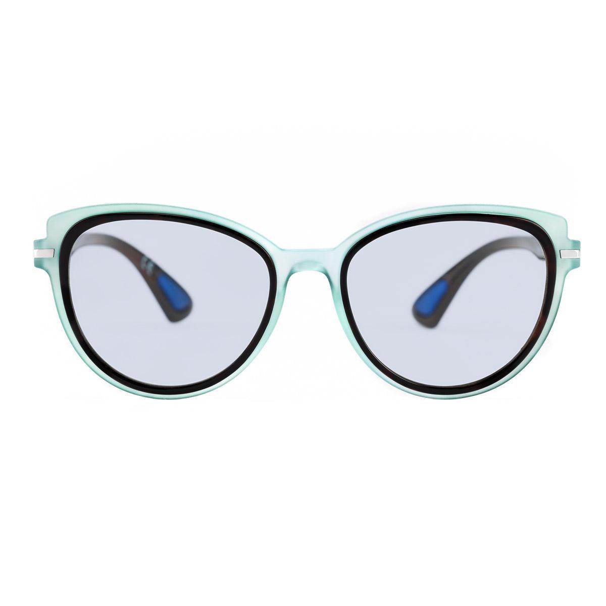 MARA C77 occhiali da sole a gatto, frontale azzurro soft touch crystal, aste havana, dettaglio blu.