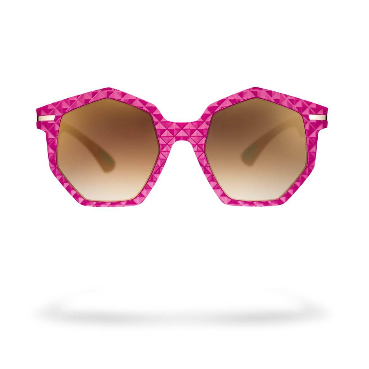 MARTA C3 occhiali da sole donna fucsia lucido con lenti oro-marrone sfumate, design geometrico moderno.