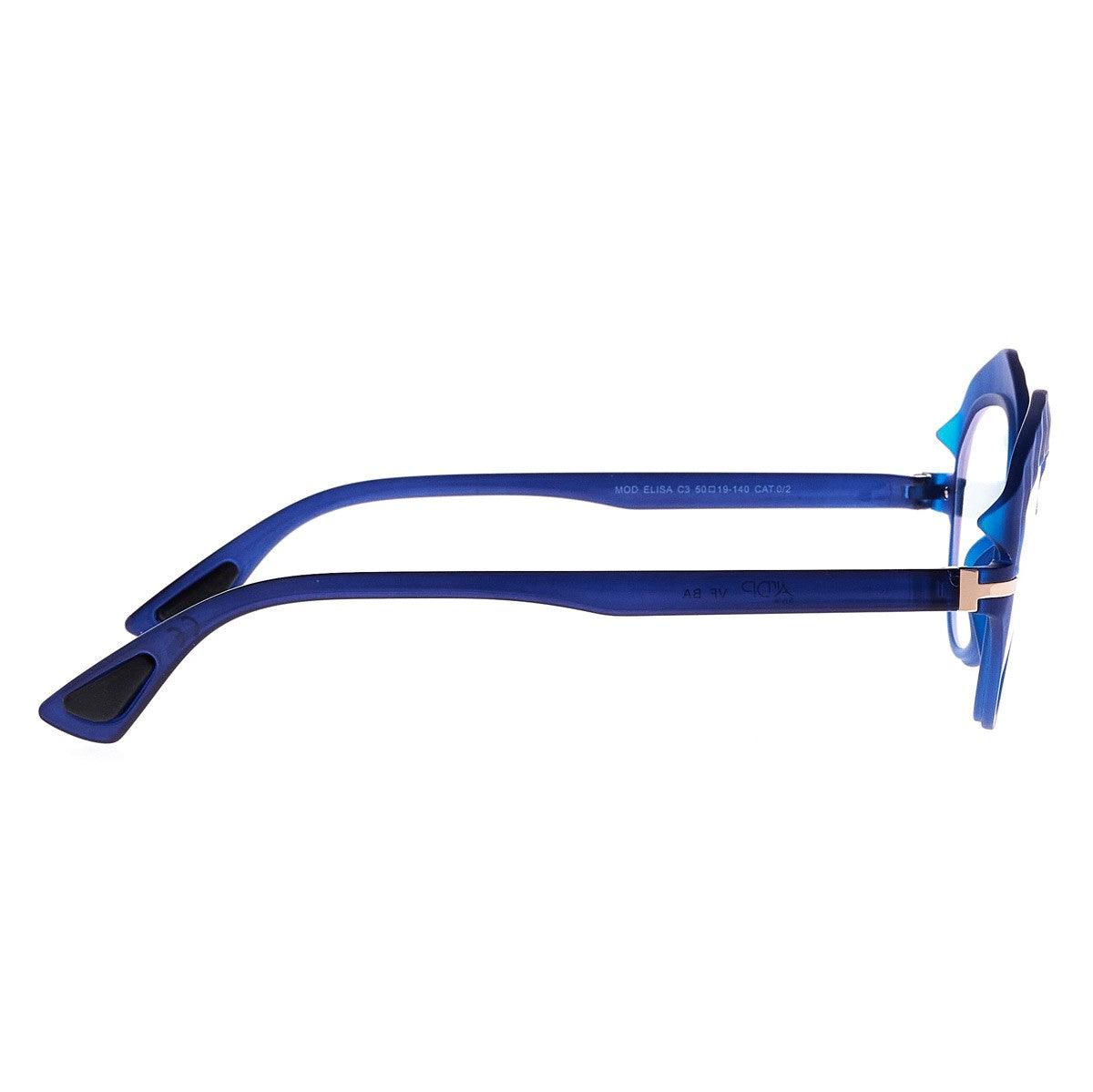 ELISA C3 occhiali con montatura blu, design unico della collezione Txf, abbinamenti cromatici di stile.