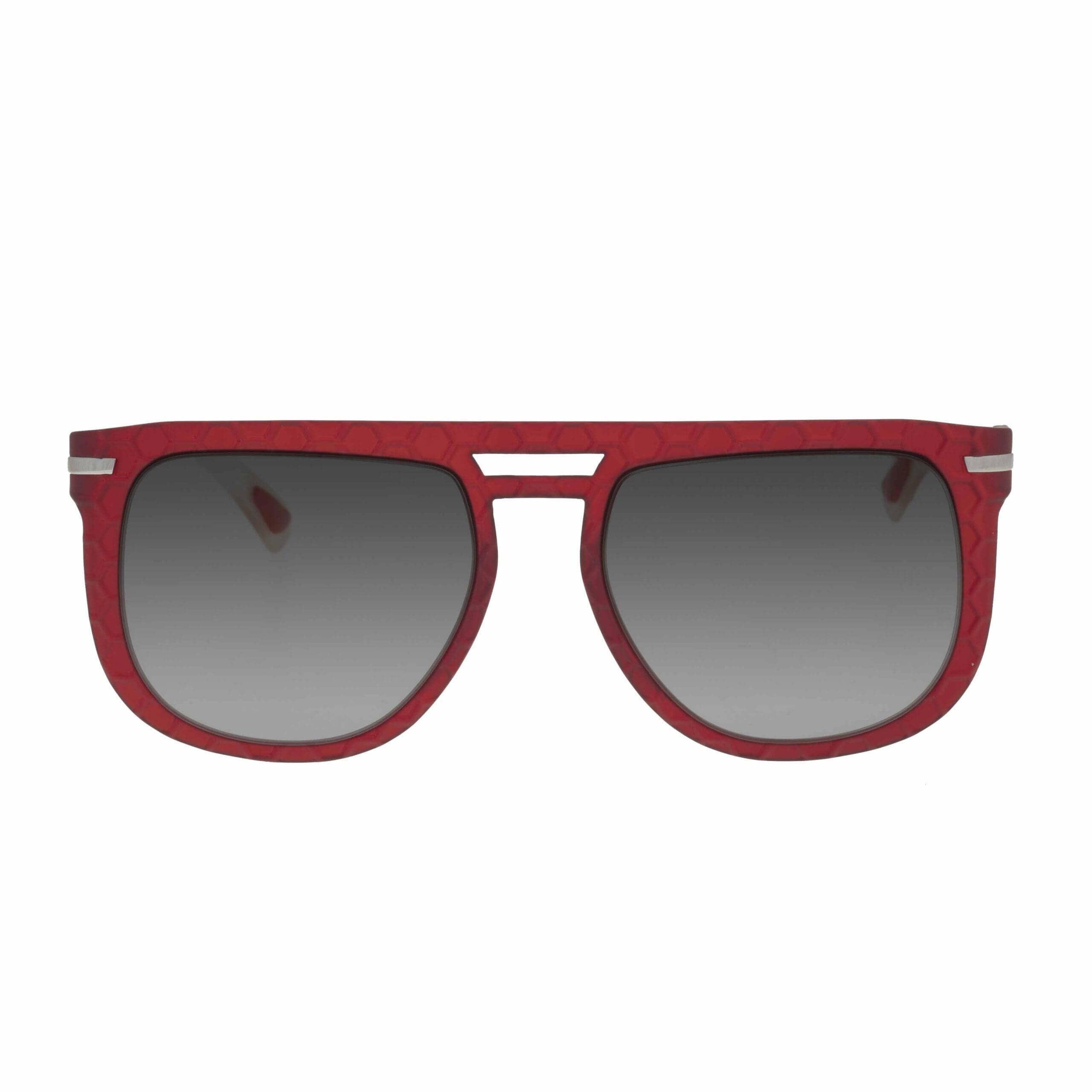 JAVI C7 red geometric sunglasses with gradient lenses showcasing light and shadow effects.