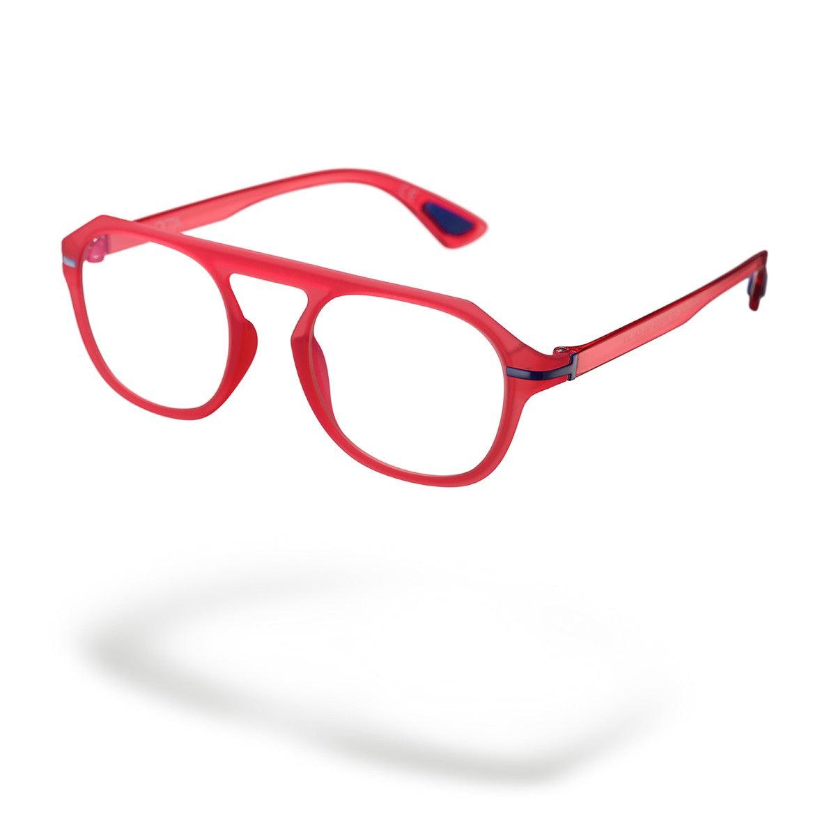 Occhiali modello LUCE C5 di Alessandro Del Piero, occhiali da sole rossi con design audace e fotografico