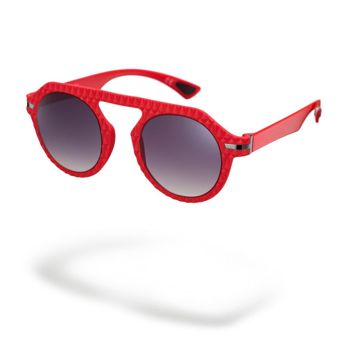 MARCO C6 occhiali da sole da uomo rotondi con montatura rossa e lenti grigie della collezione Flexo di Alessandro Del Piero.