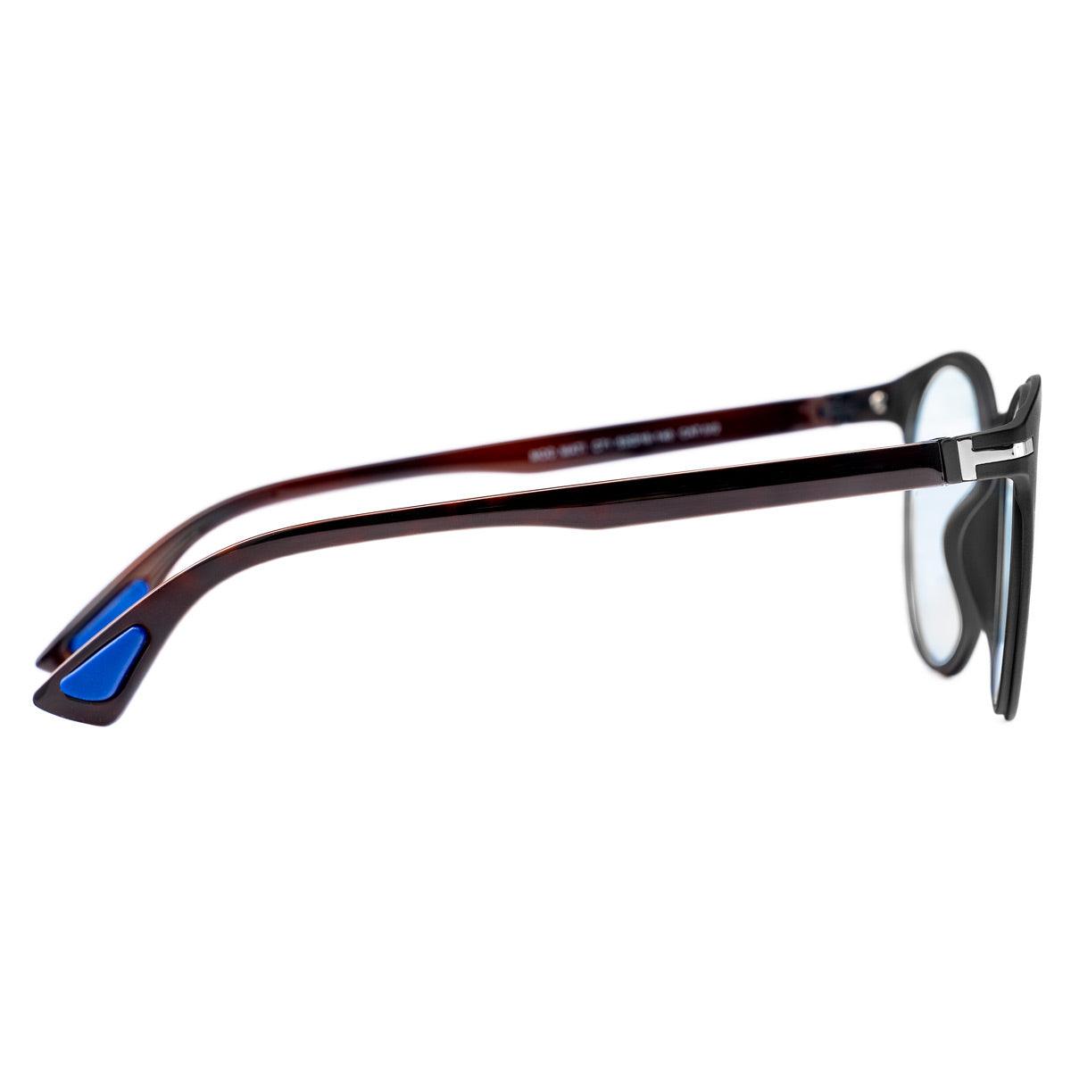 Occhiali da sole MATI C71 con aste avana lucido e dettagli blu, design moderno e squadrato.