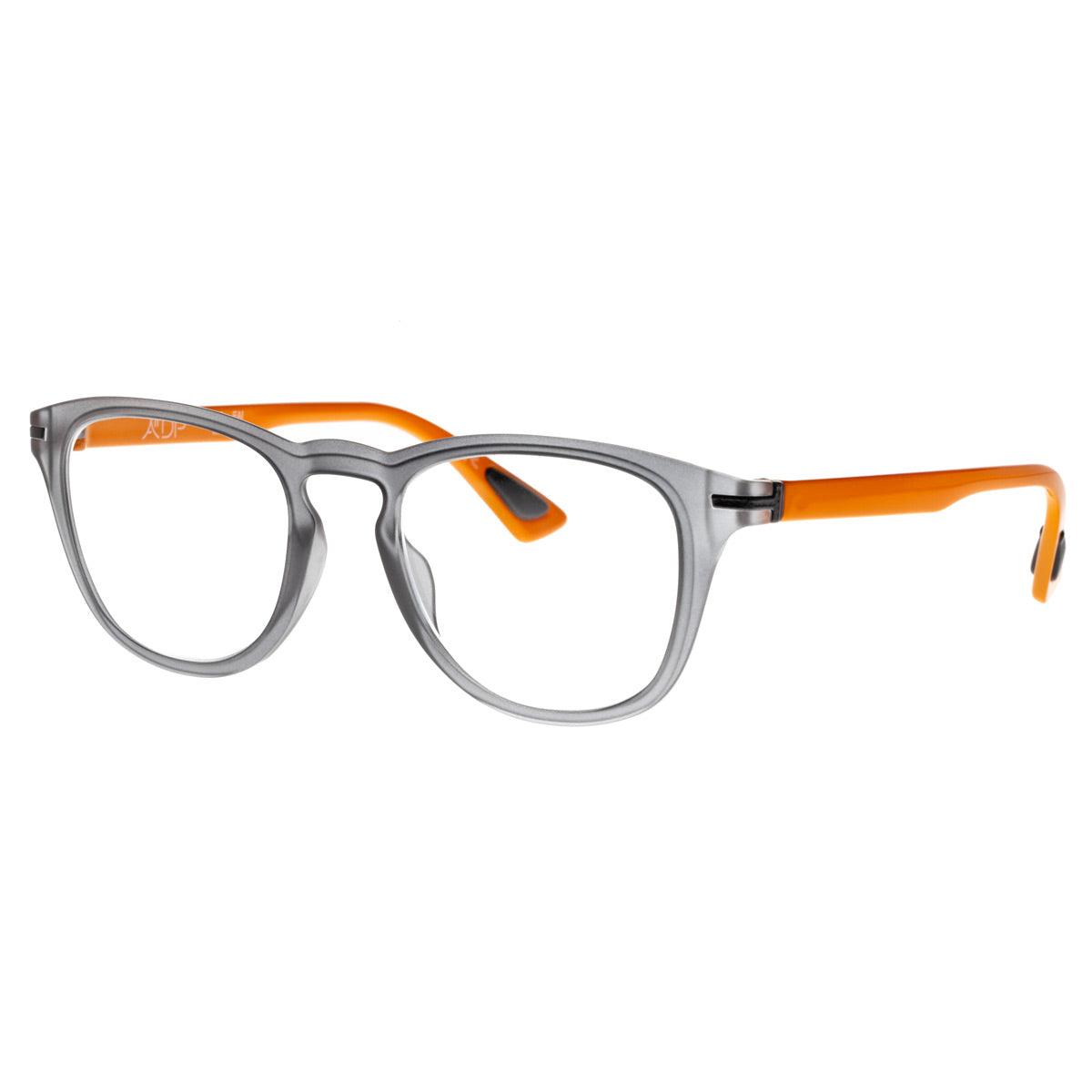 Occhiali MAX C2 di Alessandro Del Piero, forma rotonda, frontal grigio e aste arancioni, look moderno.