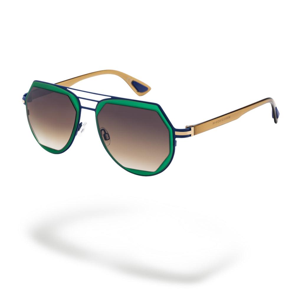 Occhiali da sole MIAMI C2 in design a goccia blu e verde, con lenti marroni sfumate e aste marroni di Alessandro Del Piero.