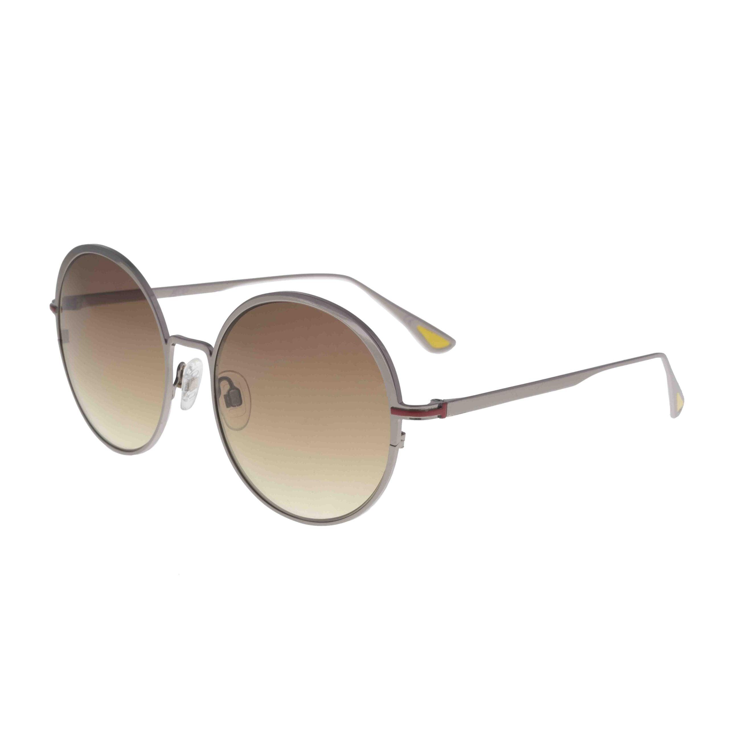 MIMOSA C3 occhiali da sole eleganti con montatura in metallo argento e lenti giallo-marrone sfumato.
