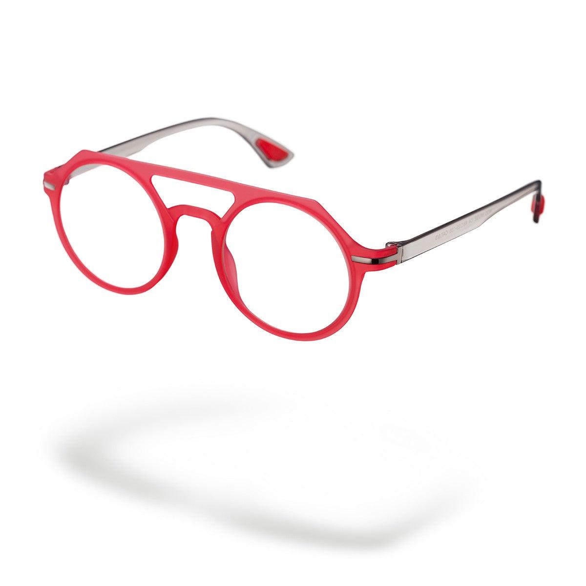MOSE C4 occhiali da sole rotondi rossi con aste grigie, collezione Frame di Alessandro Del Piero.