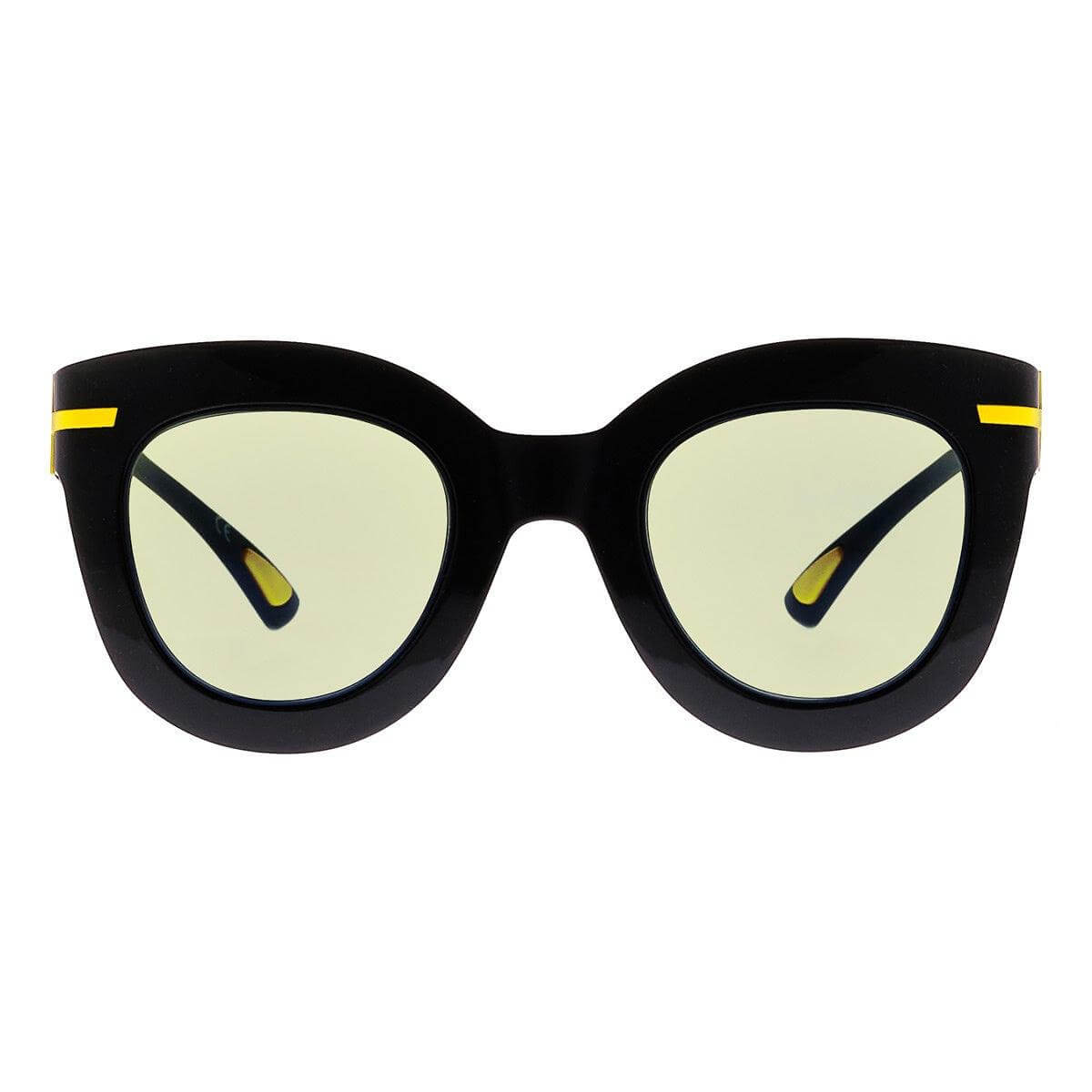 NICOLE C2 occhiali da donna a forma di gatto con lenti giallo-grigio e dettagli gialli su montatura nera.