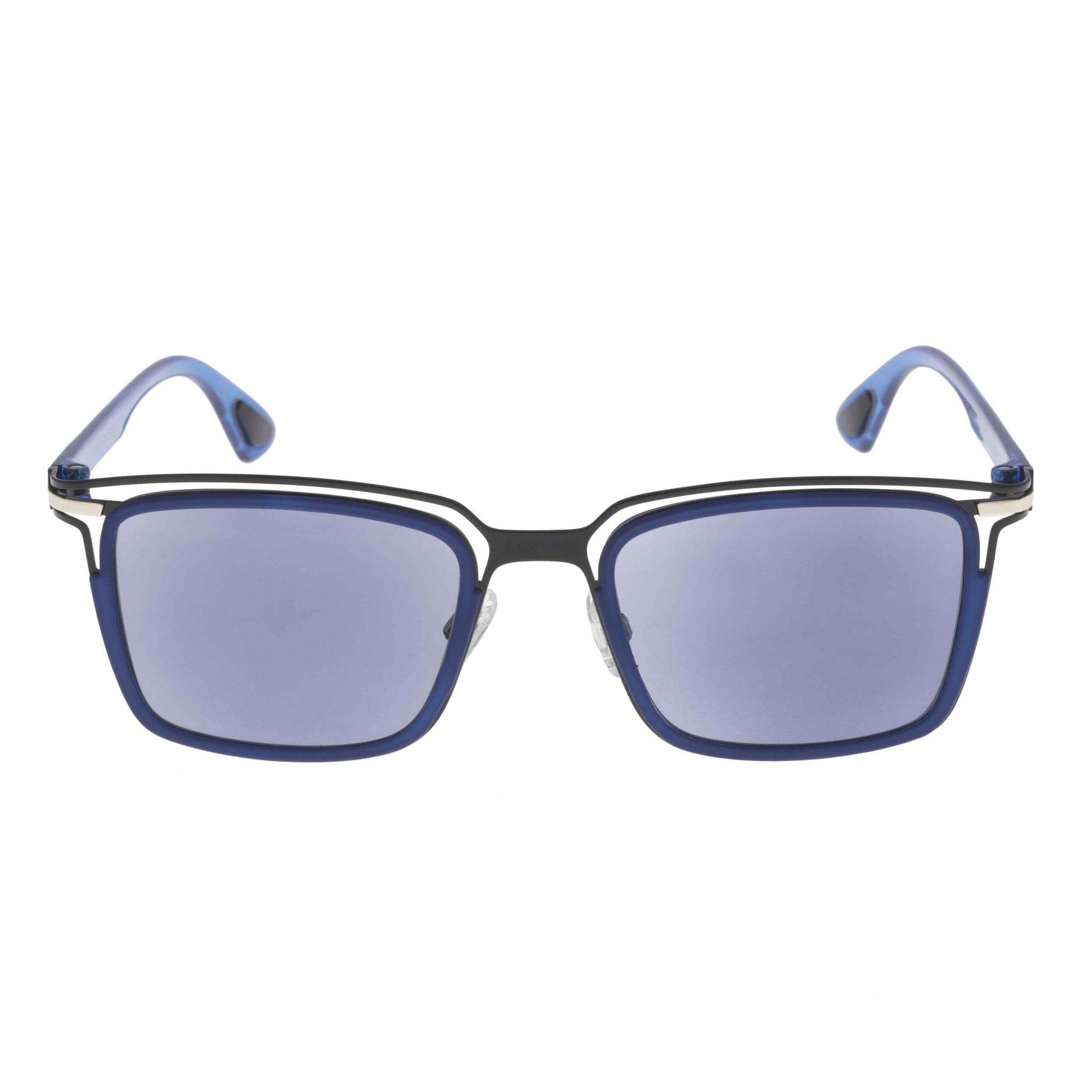 Occhiali da sole PALAWAN C10 con forma rettangolare bicolor blu e nero, frontale moderno e aste blu lucide.