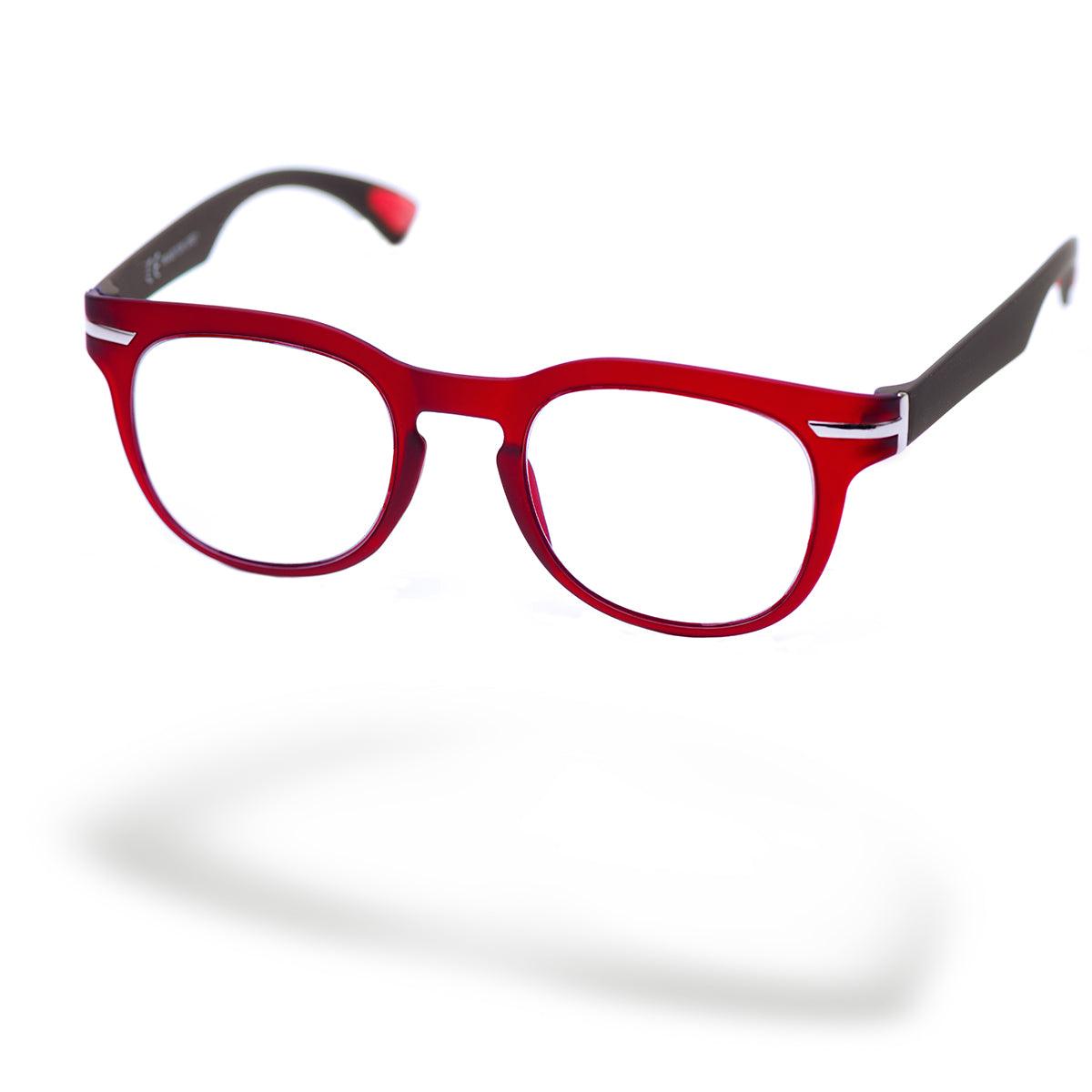 Occhiali da donna PAOLA C3 con frontale rosso e aste marroni, design moderno e sofisticato.