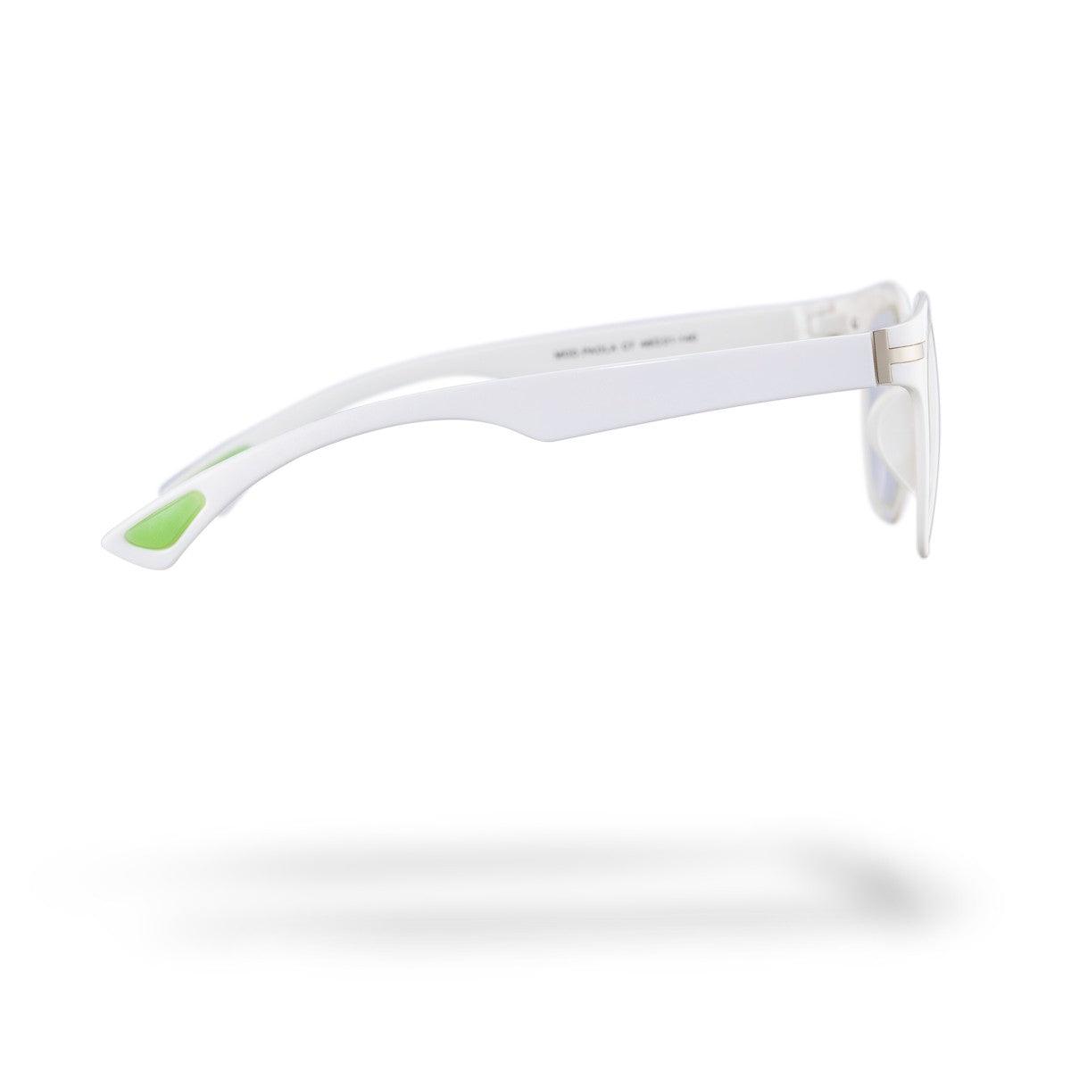 Occhiali PAOLA C7 in bianco con dettagli verdi, design elegante e minimalista, collezione Flexo di AirDP Style.