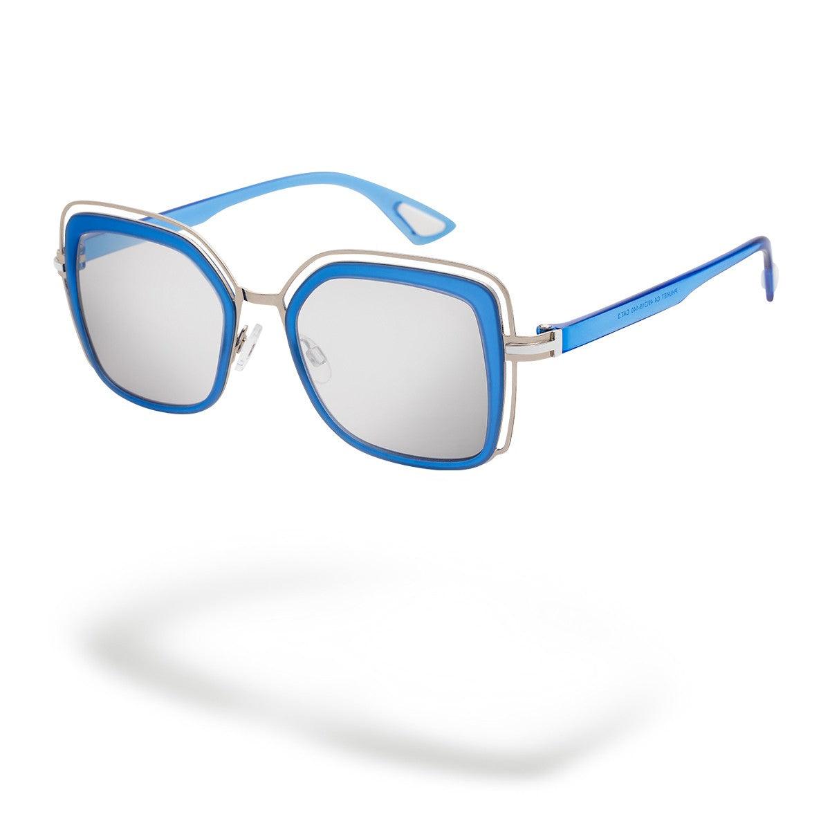 Occhiali da sole PHUKET C4 con frontale in metallo grigio e azzurro, lenti fotocromatiche e design contemporaneo.