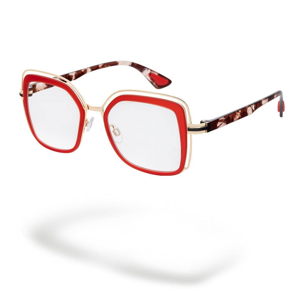 Occhiali PHUKET C5 con montatura rosso e dettagli animalier, stilosi e audaci.