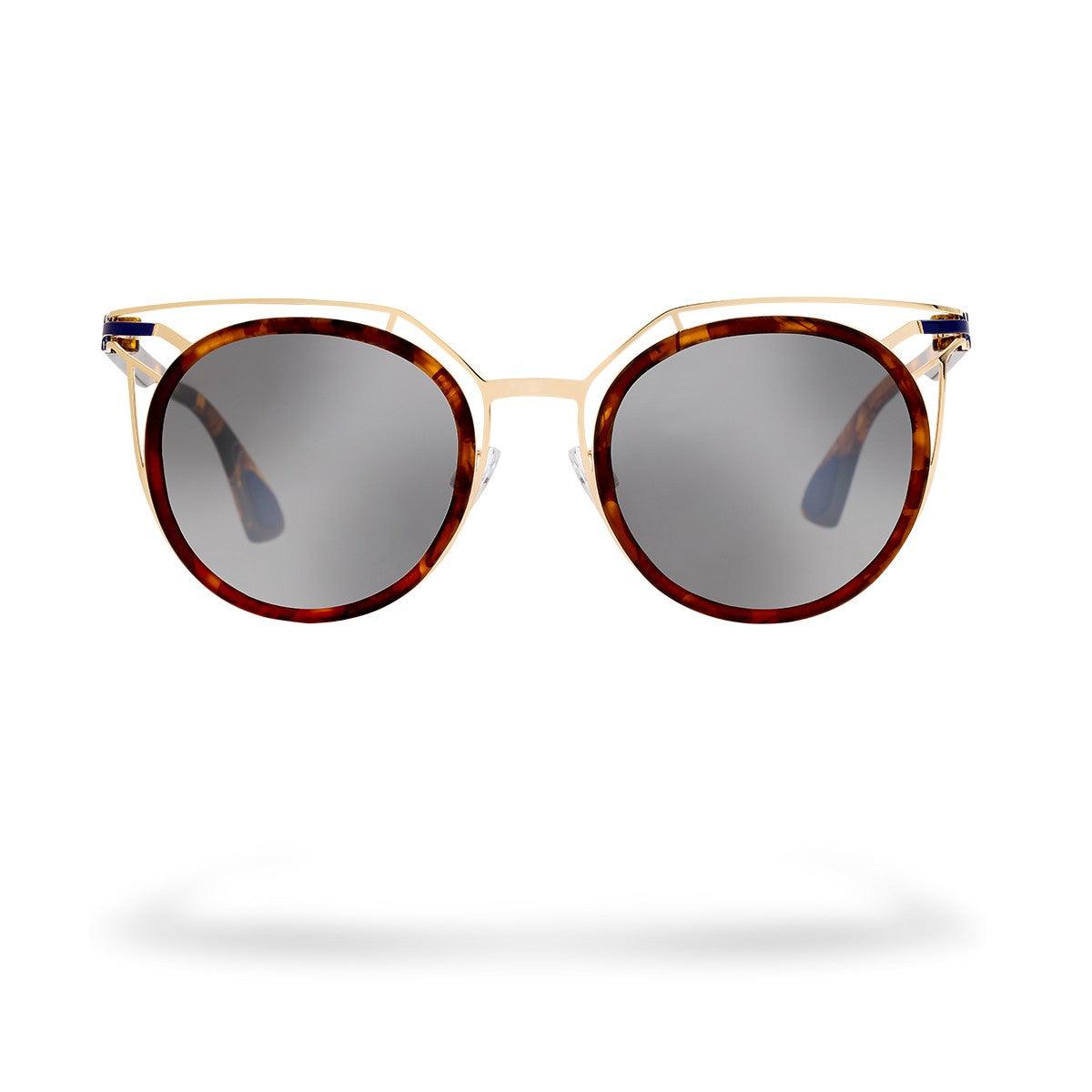 Occhiali da sole PRASLIN C2 in metallo con montatura oro lucido e aste havana, modello elegante e raffinato.