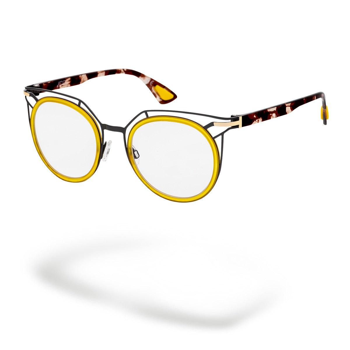 PRASLIN C5, occhiali da donna in metallo con forma rotonda, dettagli gialli e aste maculate in crystal lucido.