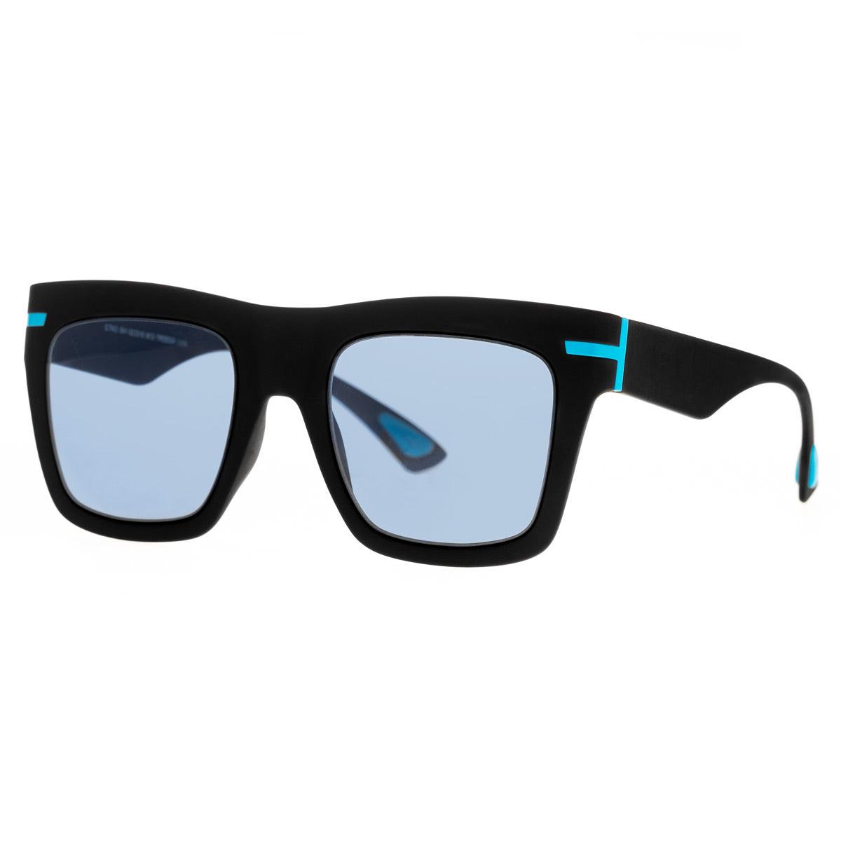 Occhiali da sole ROBERT C16 con montatura nera e lenti blu specchiate, design contemporaneo.