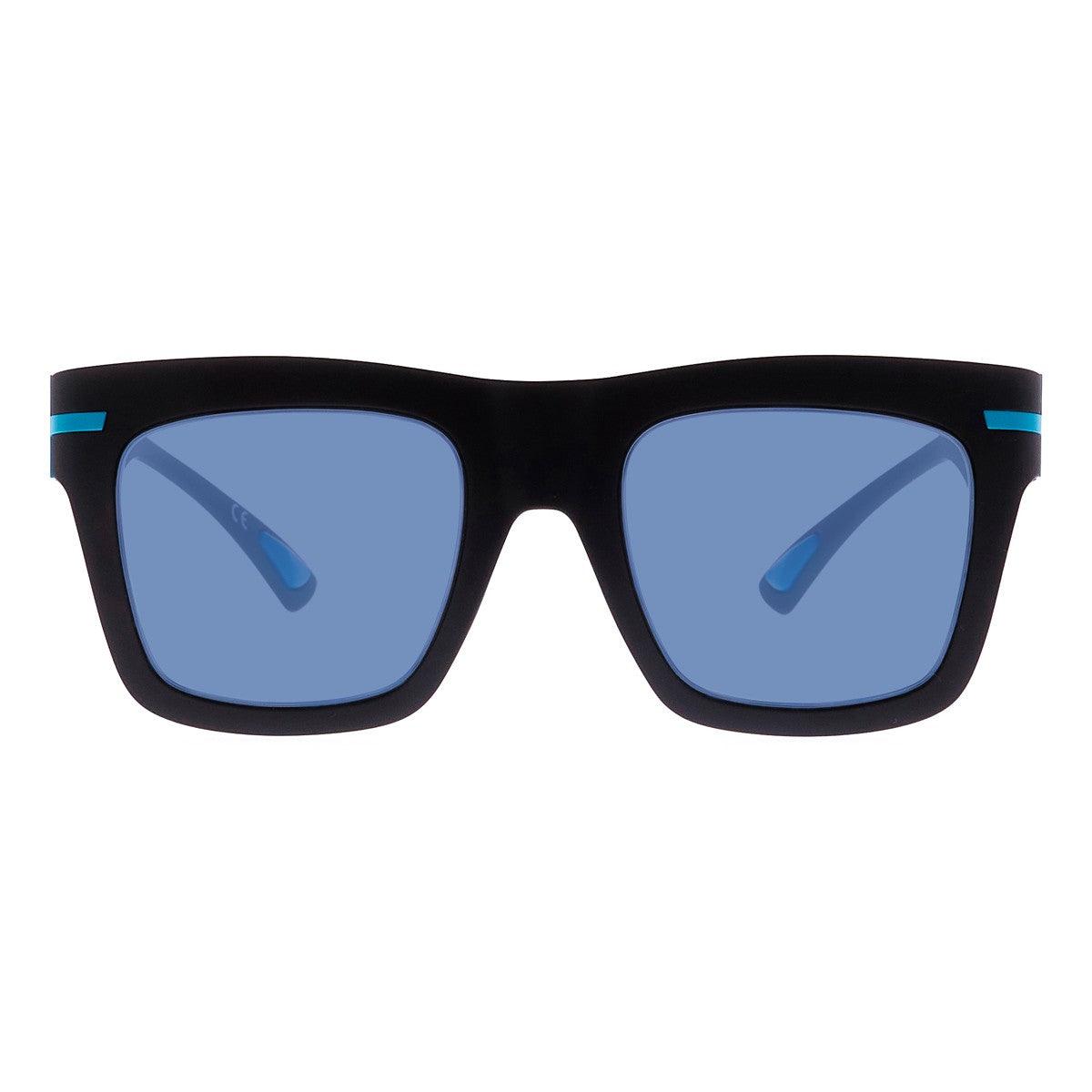 Occhiali da sole ROBERT C16 con montatura nera e lenti blu specchiate, design moderno e sportivo.