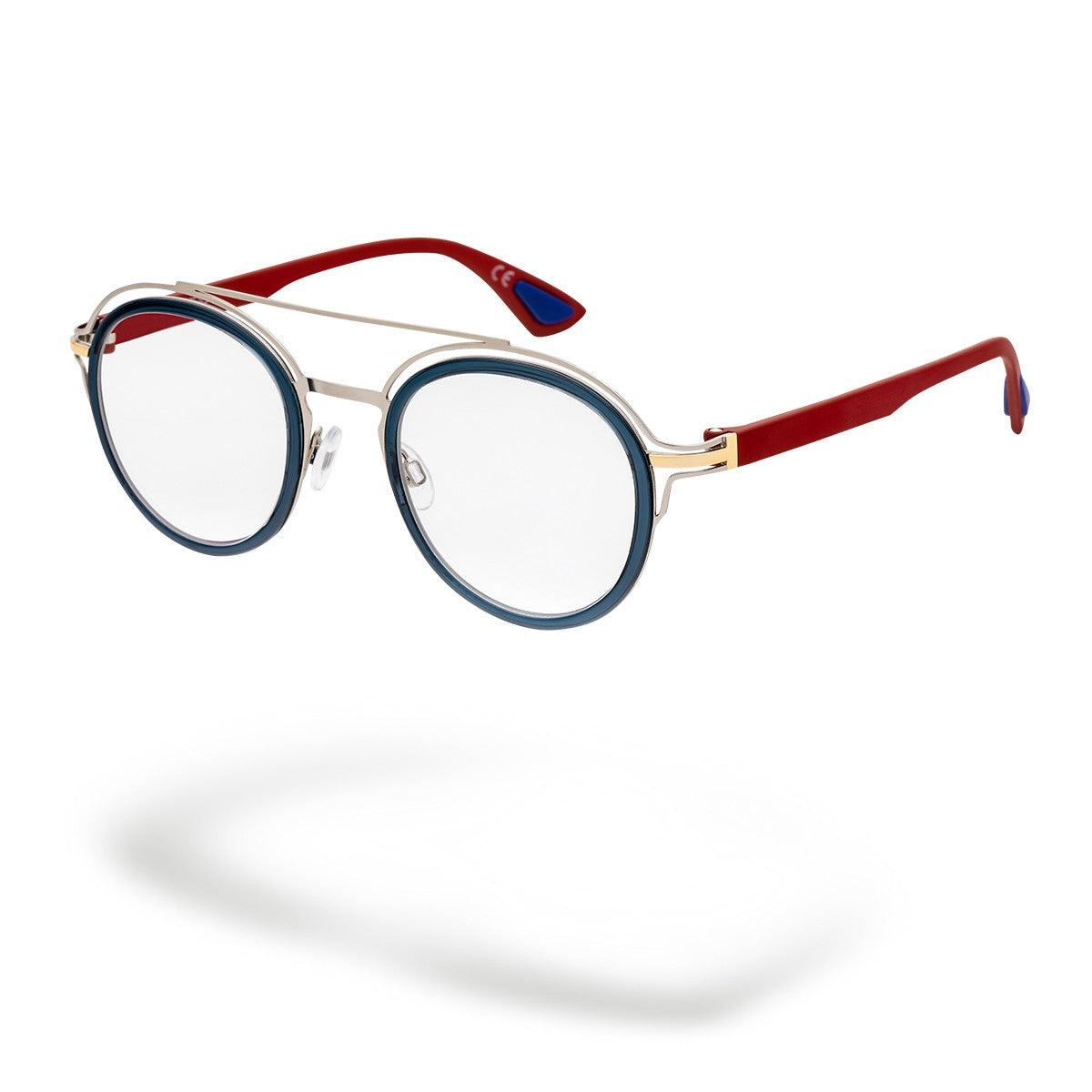 SANTORINI C3 occhiali unisex con struttura leggera, frontale grigio lucido e aste rosse soft touch.