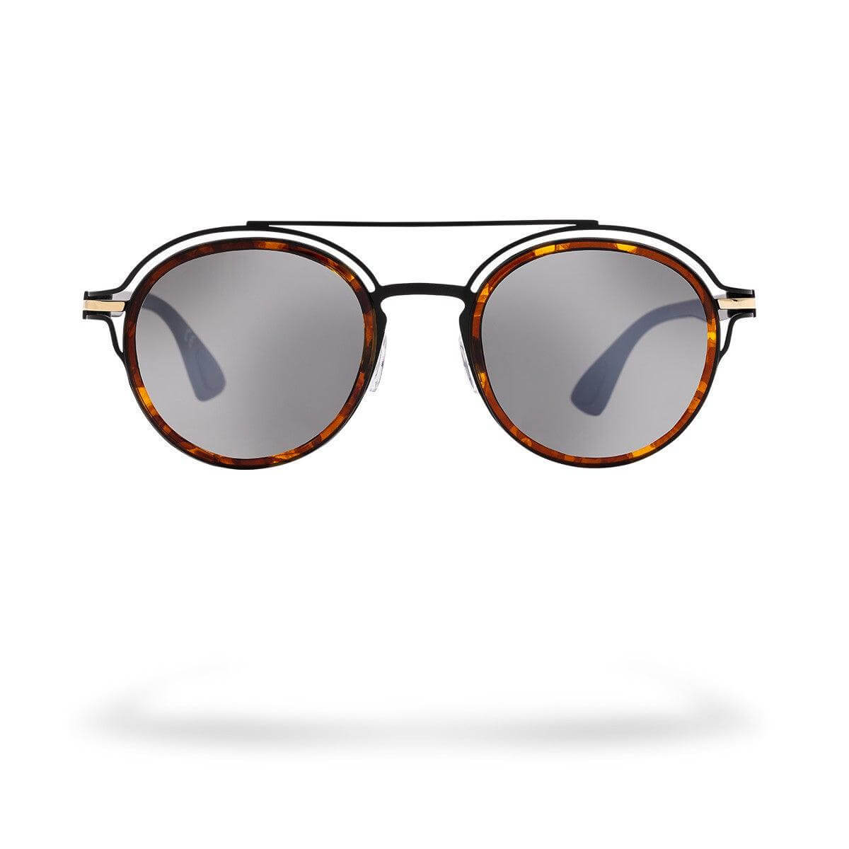 SANTORINI C7 unisex sunglasses with round black frames and tortoiseshell temples, featuring phototropic lenses for elegant style.