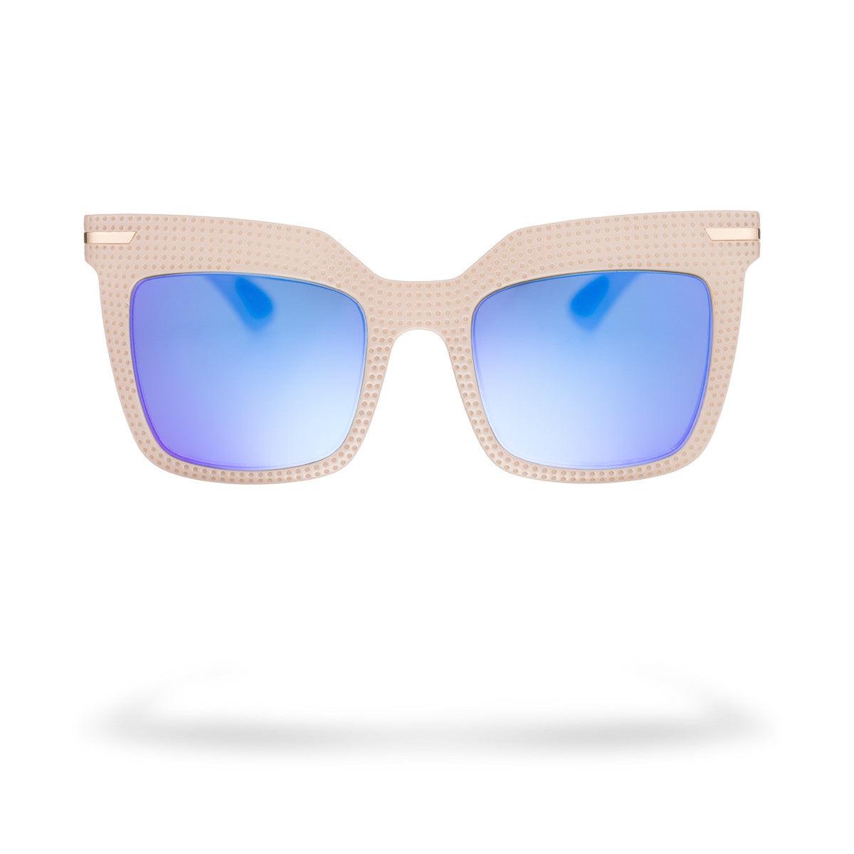 SILVIA C1 BIS sunglasses with beige frame and blue mirrored lenses from the Flexo Collection, elegant and modern design.