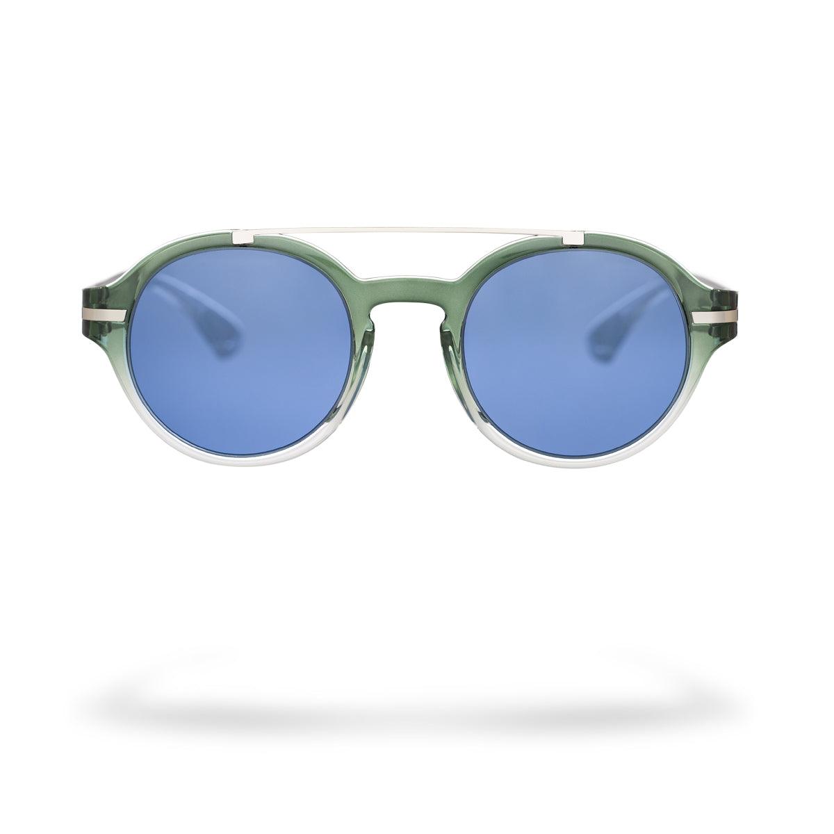SONIA C6 sunglasses with round green frame and blue lenses, part of the Flexo collection for contemporary elegance.