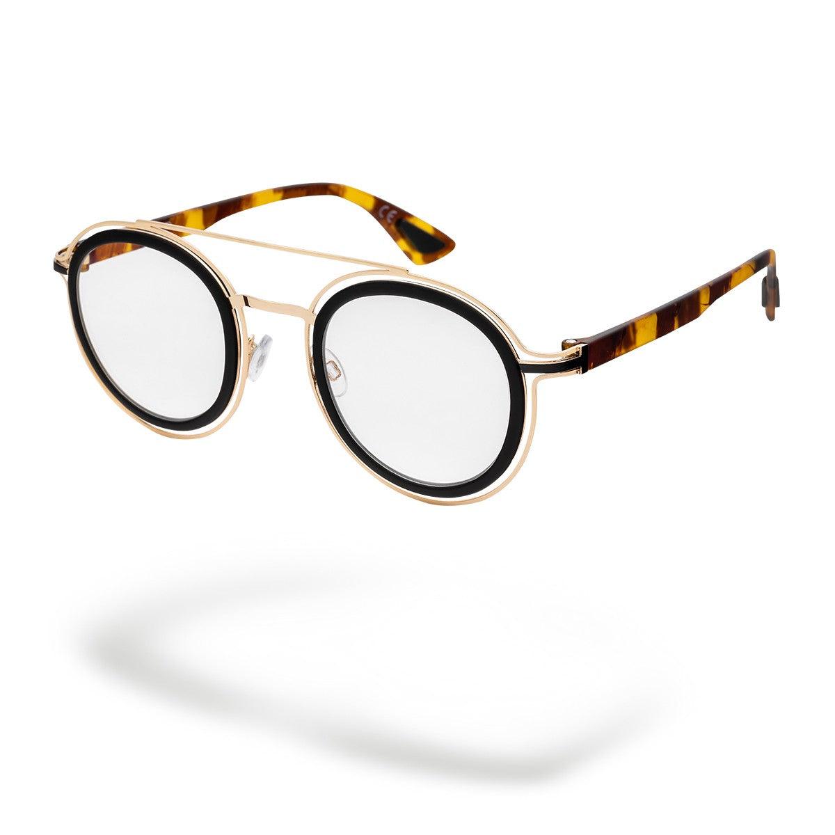 TAHITI C7 occhiali da sole rotondi con frontale oro lucido e aste avana soft touch, modello elegante e sofisticato.