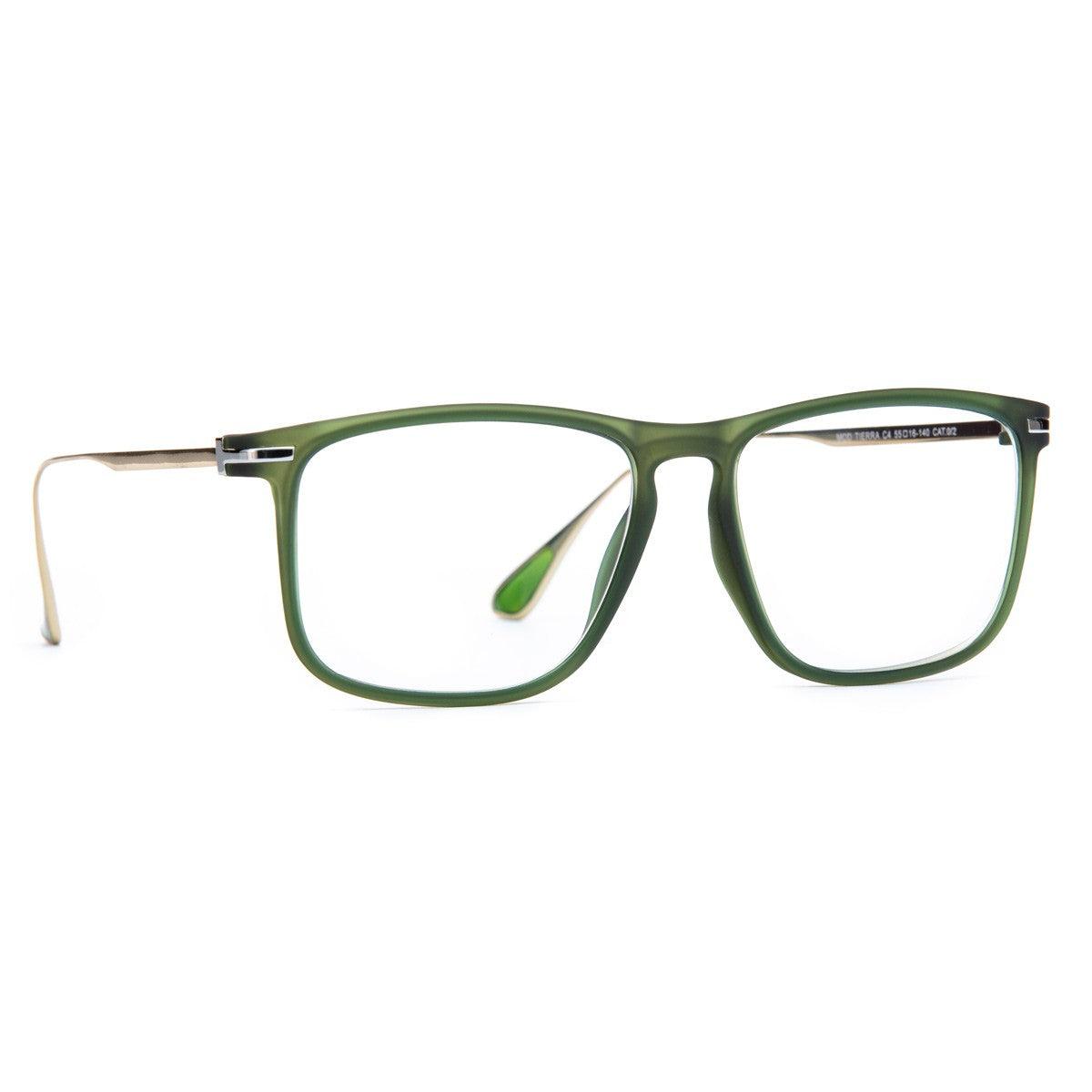 TIERRA C4 occhiali fotoromatici in titanio con frontale verde soft touch e aste oro lucido.