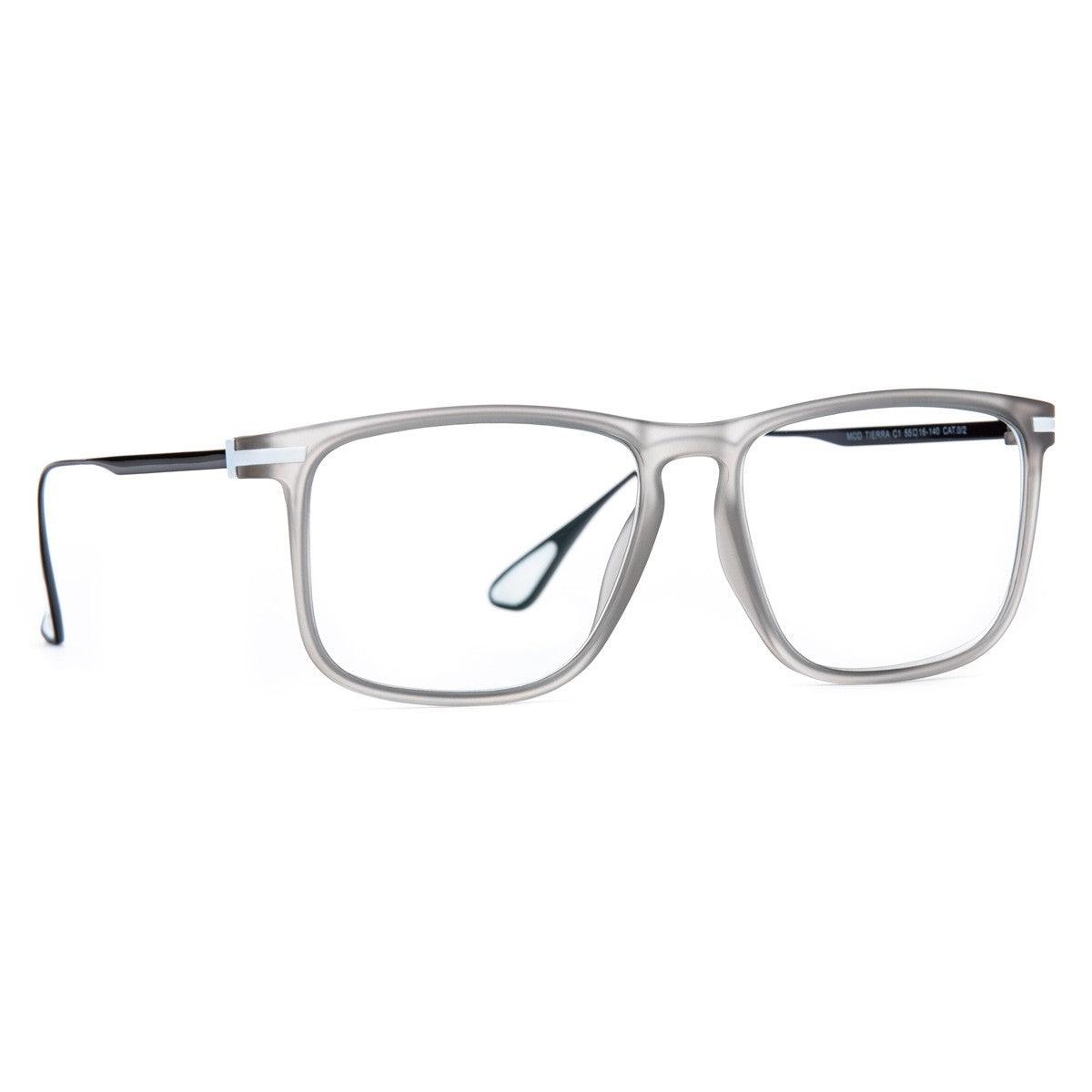 Occhiali fotocromatici TIERRA C1 in titanio con frontale grigio soft touch e aste nere.