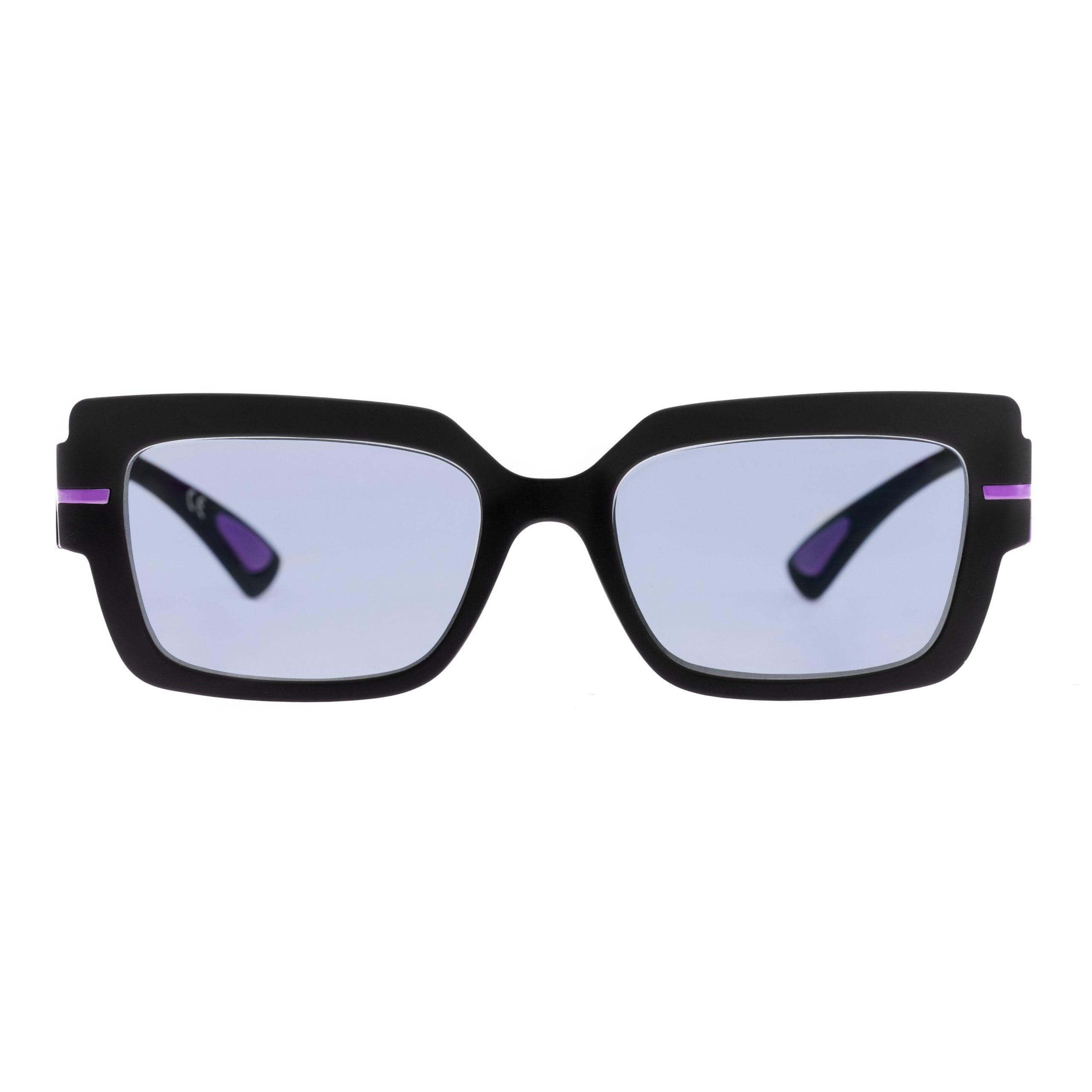 SCARLETT C4 – Occhiali da sole total black con lenti fotocromatiche grigie e dettagli viola.