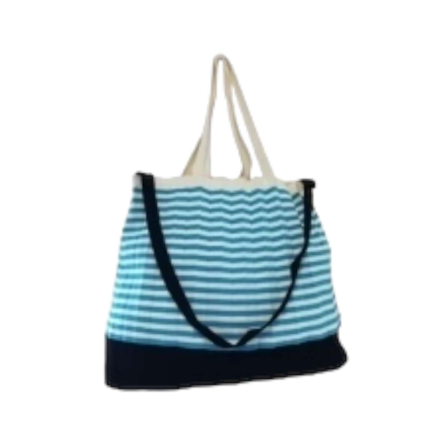 Borsa mare ORIGAMI BEACH a righe blu e bianche, spaziosa per asciugamani e creme solari.