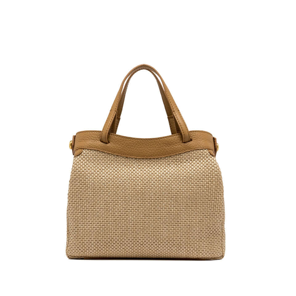 Ottavia bag by Gianni Chiarini Firenze, woven straw fabric, dual carry options, zip closure, stylish beige design.